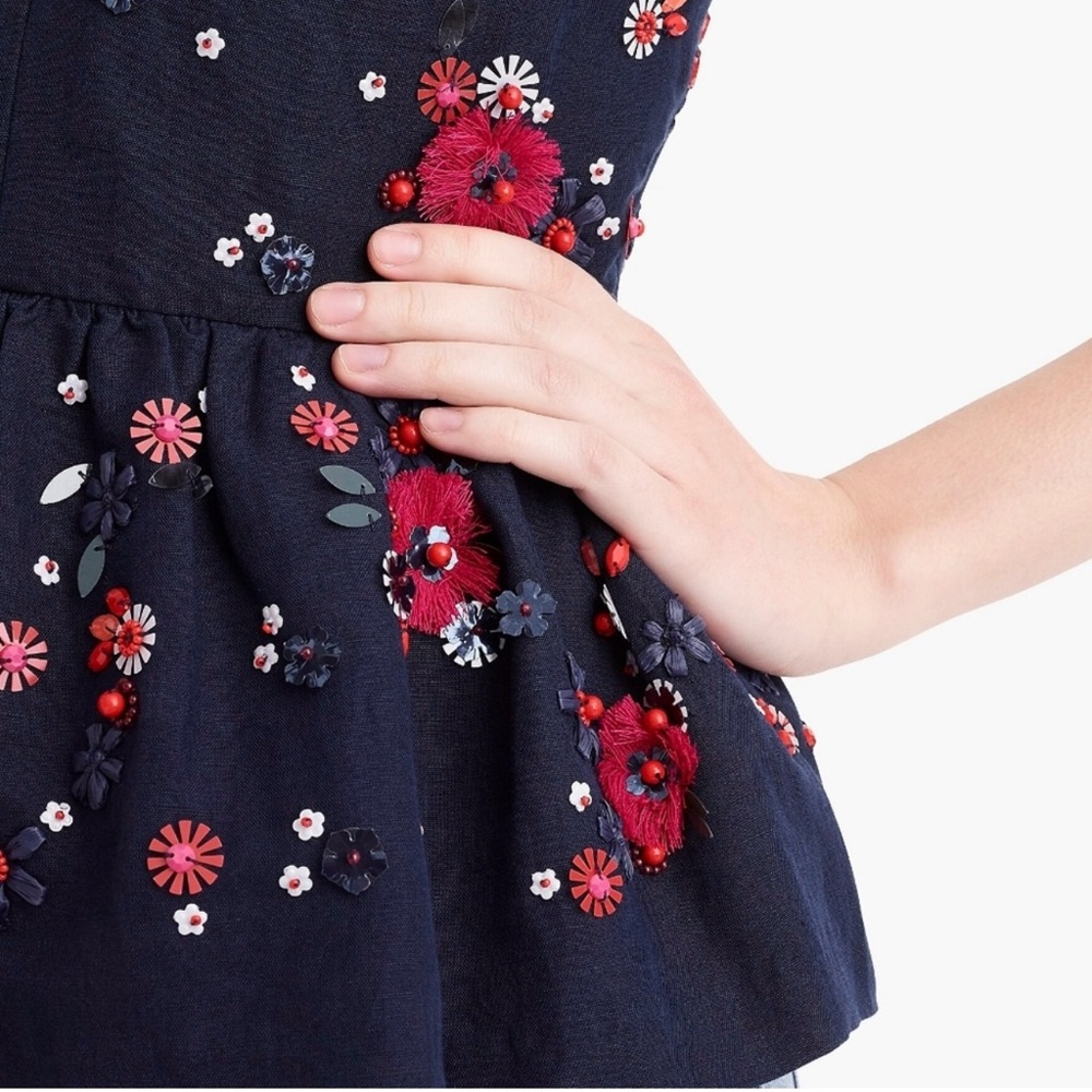 NWT J. Crew Navy Blue Hand Embellished Linen/ Cotton Peplum Tank Size 4 - Picture 5 of 13